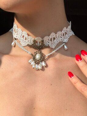 White Lace Pearl Choker Necklace Victorian Medieval Whimsygoth Bronze 13-16"